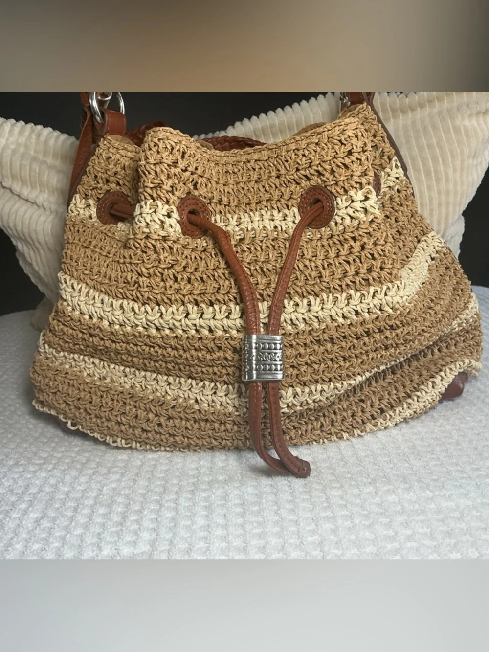 Brighton Tan and Brown Straw Shoulder Bag